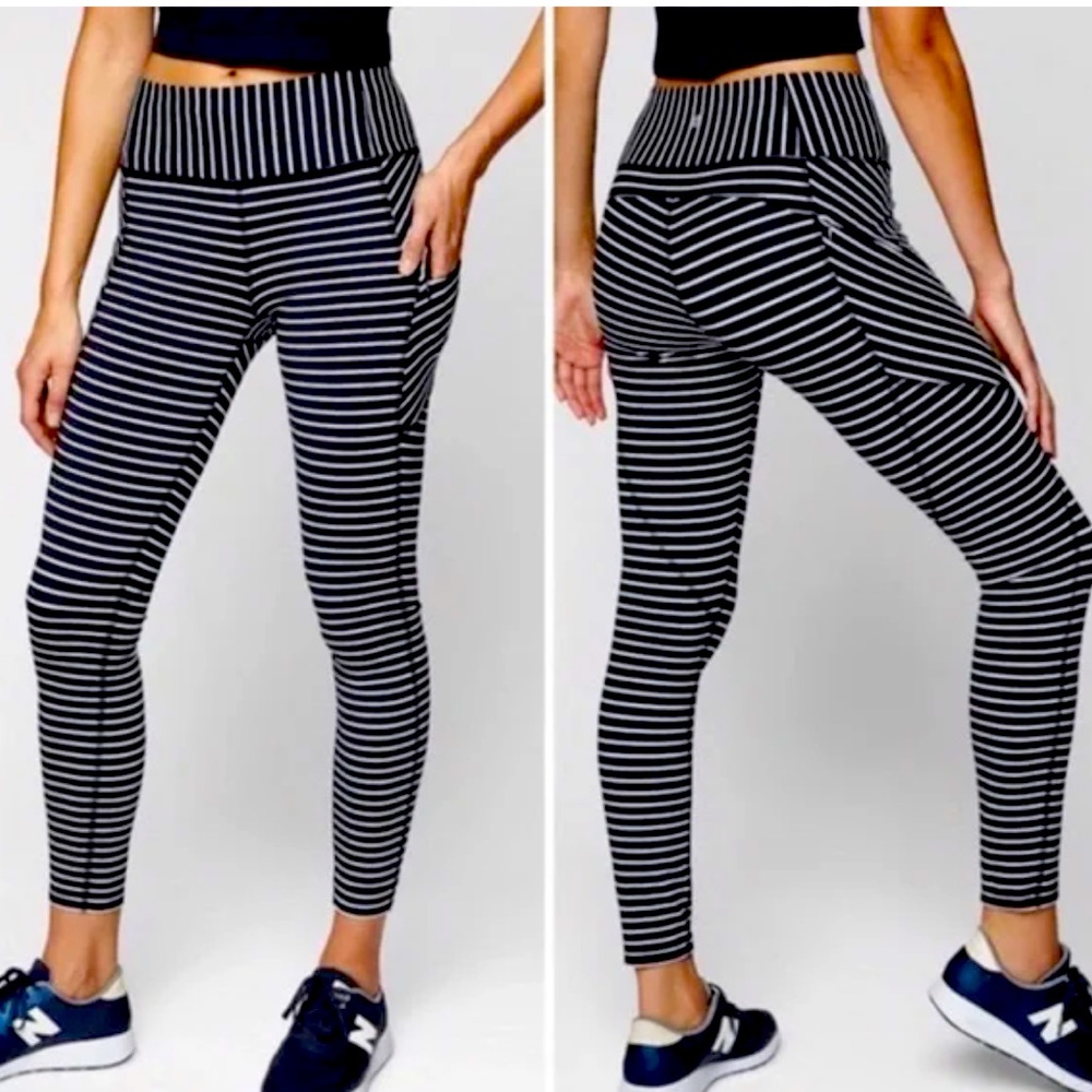Athleta Navy and White Striped High-Rise Leggings